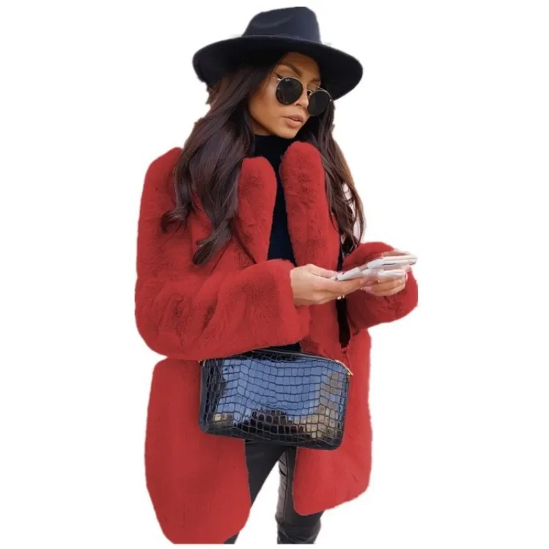 Faux Fur Coat European and American Commuting Long Sleeved Lapel Solid Color Warm Coat Women's Fur Coat