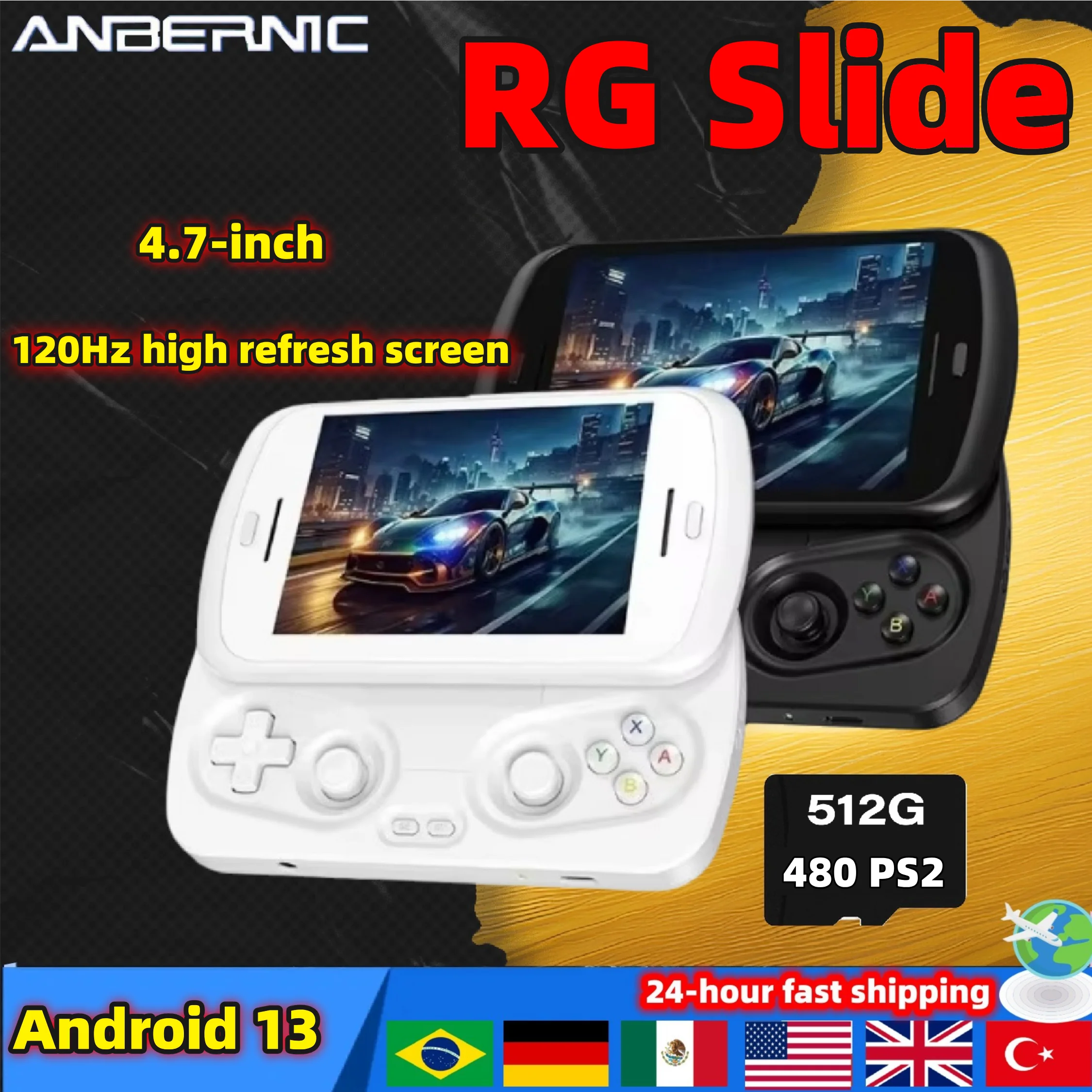 

Anbernic RG Slide Ретро видеоигровой плеер Портативная игровая консоль 4,7-дюймовый LTPS Встроенный экран Android 13 WIFI Bluetooth PSP PS2 AI