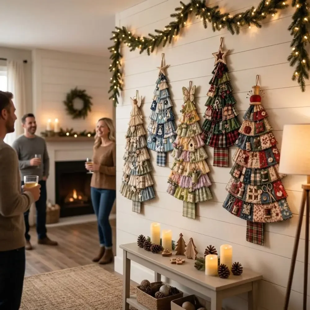 Creative Vintage Patchwork Christmas Tree Door Hanging Hand-Sewn Handmade Oversized Fabric Christmas Tree Plaid Print Cozy Soft