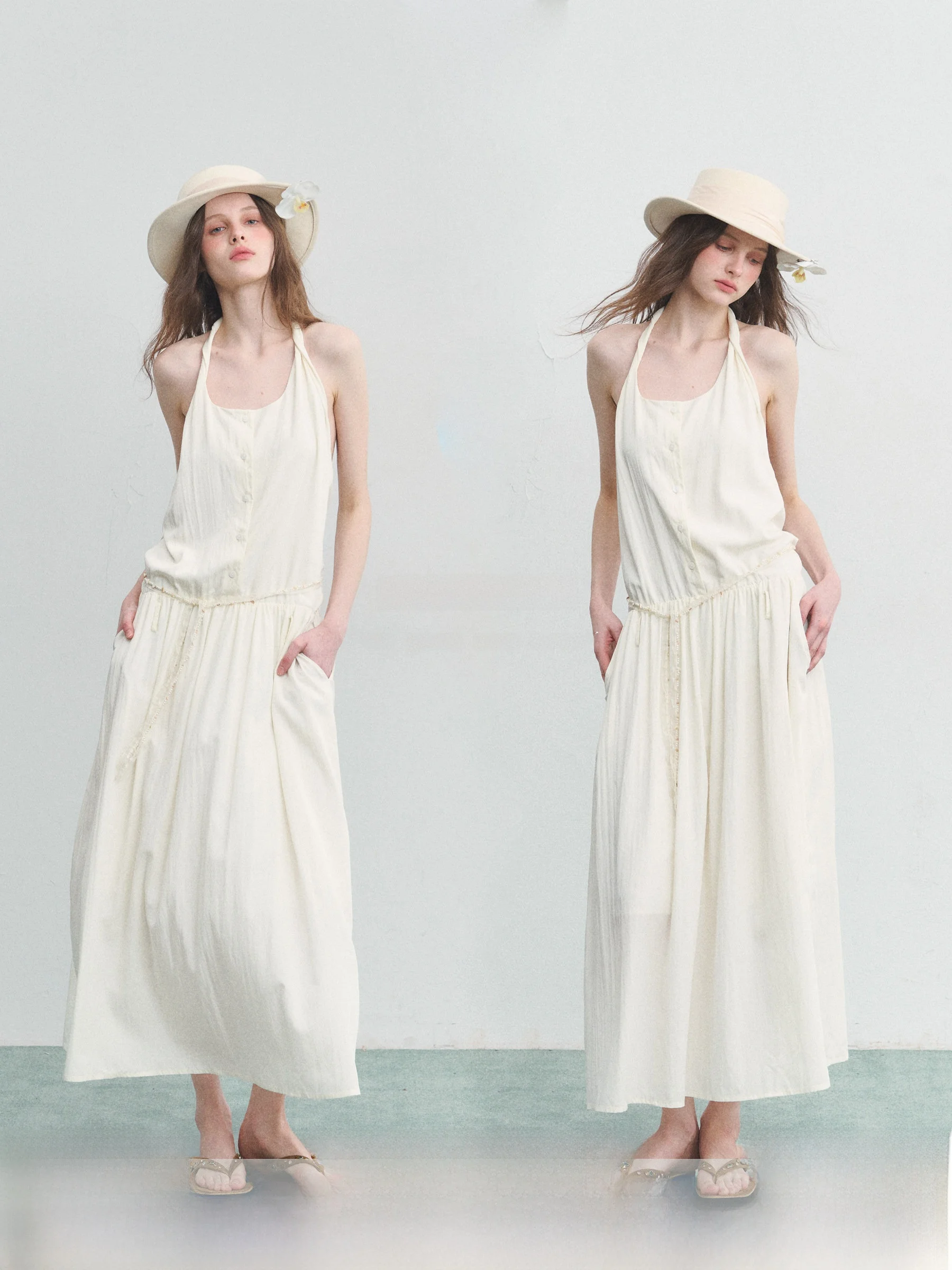 

SPEAR YOUTH Leisure Beach Vacation Style Dress Neck Rope Hanging Long Skirt Gel Fiber Nylon 30% A-Line Silhouette round Neck