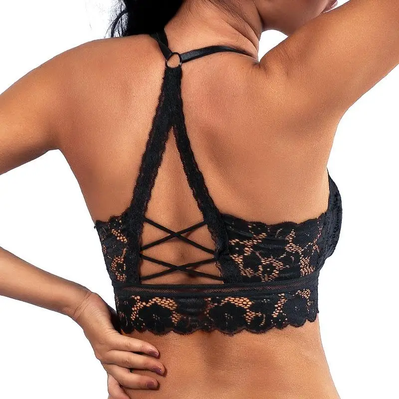 Backless Lace Camisole Women Sexy Cross strap Bras Removable Pad Wire free Backless Bra Anti exposure Bra Outer Layer Underwear