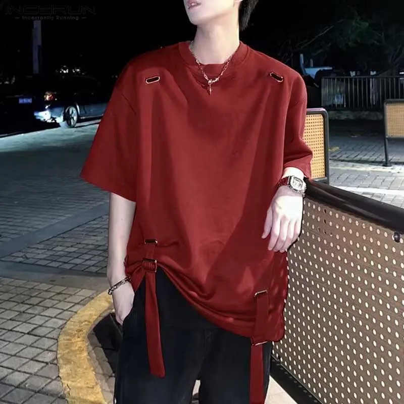 

Handsome Men's Tops INCERUN 2025 Loose Metal Design Strap T-shirt Casual City Walk Male Solid Simple Long Sleeved Camiseta S-5XL