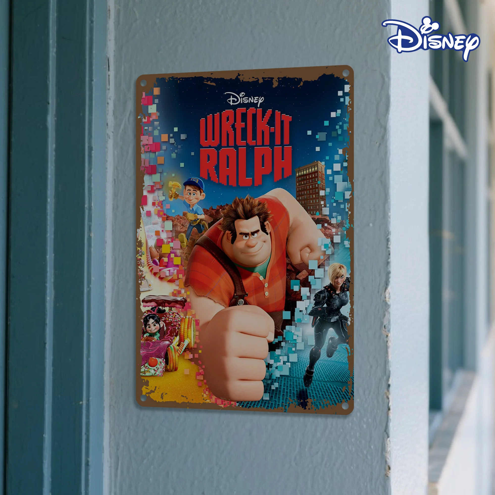 قطعة واحدة من علامة Wreck-It Ralph المعدنية المصنوعة من القصدير - 20.32 × 30.48 سم طباعة فنية نابضة بالحياة مع شخصيات مميزة، موضوع الحركة، مثالية لـ Home Deco