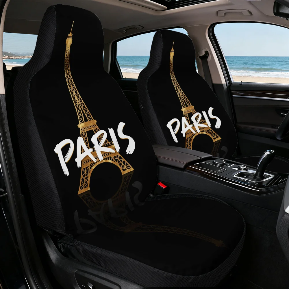 2D Flat Printing, 2pcs Stylish Car Seat Covers Paris Eiffel Tower Night Stars Style, Durable And Washable, Perfect Fit For Singl