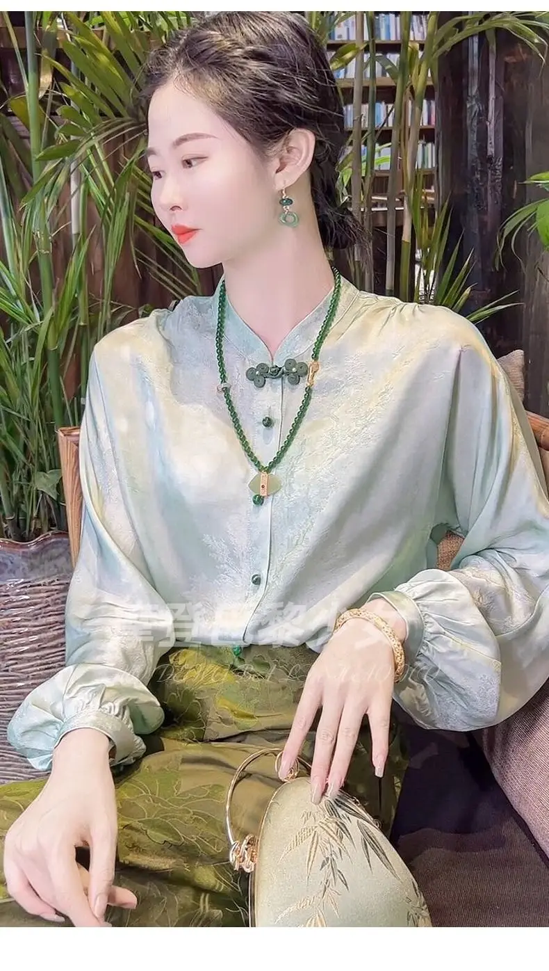 بلوزات جاكار من الحرير الساتان للنساء بأكمام طويلة وفانوس قمصان فضفاضة للمكتب ملابس غير رسمية كبيرة الحجم