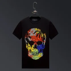 Men's Skull Rhinestones T Shirts, Short Sleeve Streetwear, O Neck, Slim, Plus Size, Fashion Brand, 2024