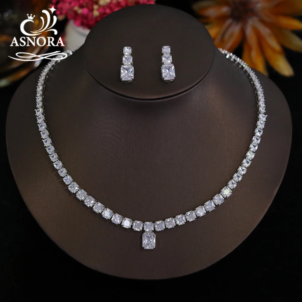 Imagem -02 - Asnora-round Cut Cubic Zirconia Conjunto Jóias cz Colar de Cristal e Brincos Casamento Nupcial Banquete Prom Novo 2024 X0481