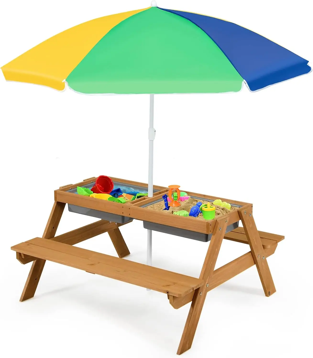 Kids Picnic Table, 3 in 1 Sand & Water Table w/Height Adjustable Umbrella, Removable Tabletop, Children Outdoor Toy Playset w/2