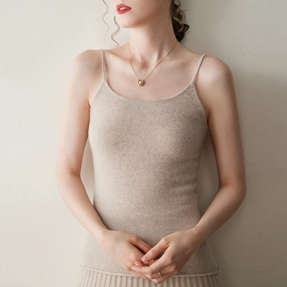 

Solid Color Women's Goat Cashmere Knit Camisole 2025 New Female Wool Spaghetti Strap Vest Slim-fit Basic Vest Base Layer Tops