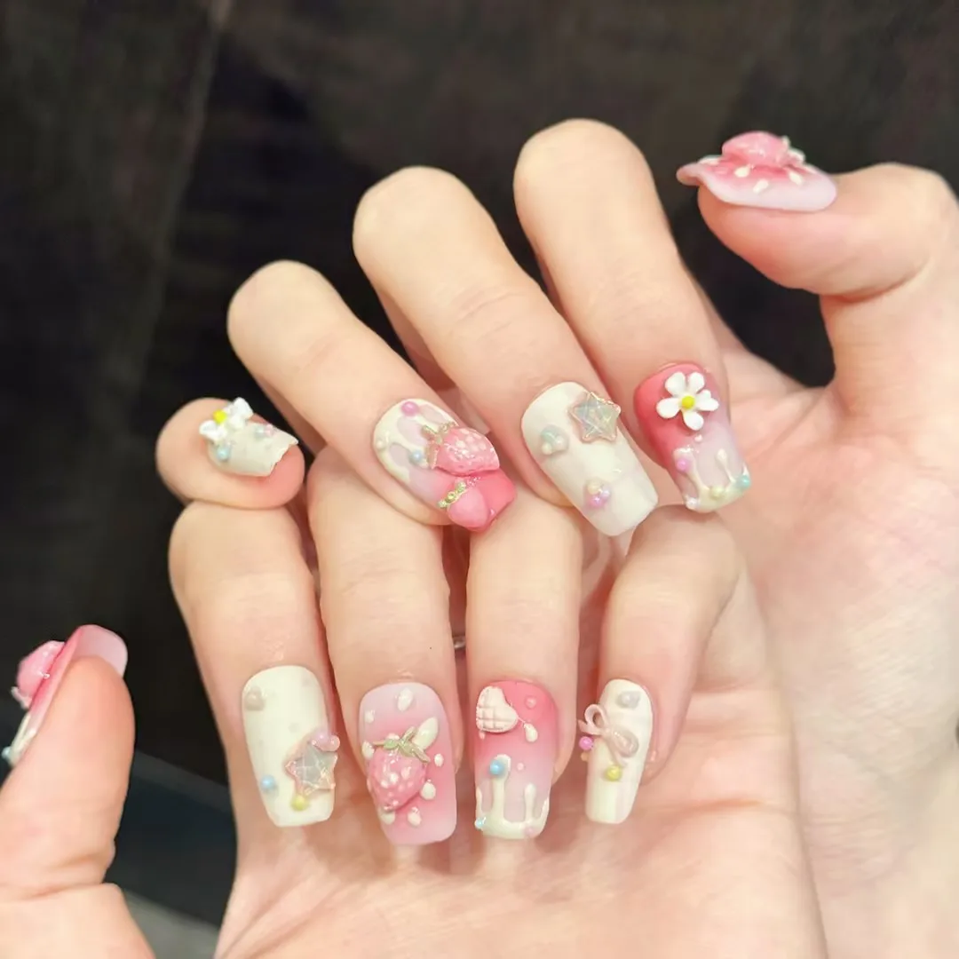 10PCS Square Handmade Press On Nails, 3D Strawberry Flowers and Stars, Soft and Cute,Suitable For Festivals Parties And Daily view 3