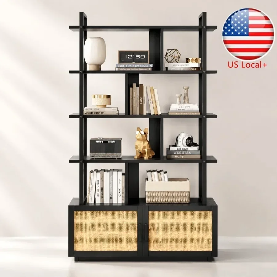 Storage - 5-stöckiges Rattan-Bücherregal mit Schranktür, 71,1 Zoll