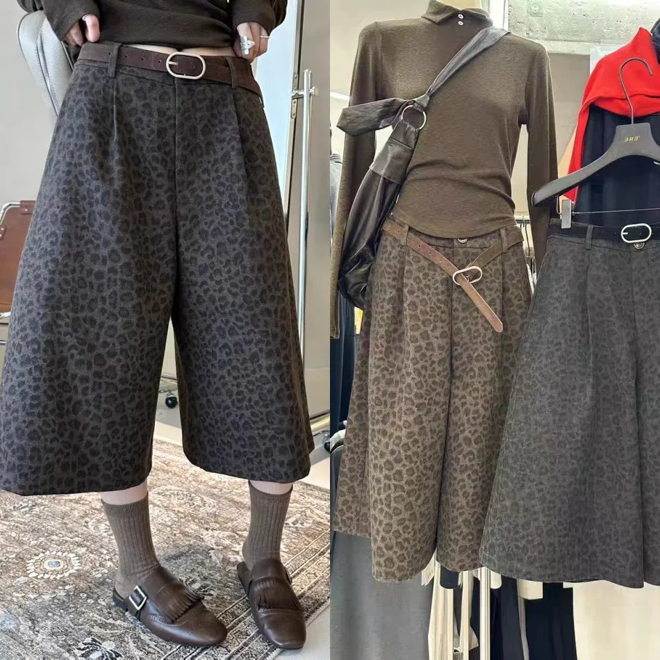 

Retro Leopard Print High Waist Wide Leg Pants Casual Seven-Foot Women's Faion Spring New Sle Korean Straight Cut Trousers