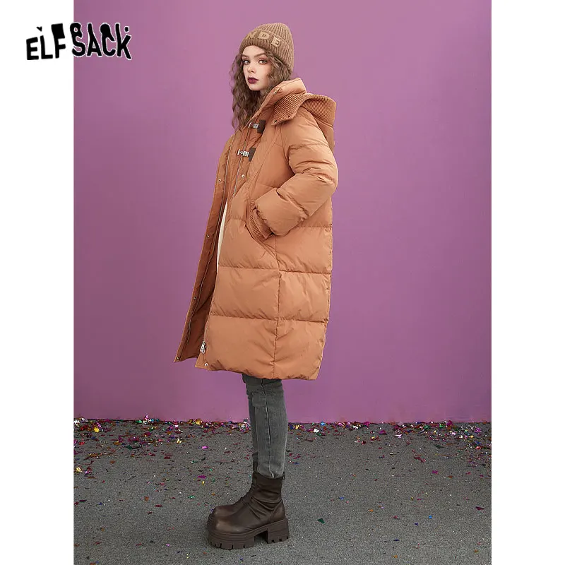 ELFSACK Vintage Orange Warm Down Coats Women 2023 Winter Loose Mid-length Casual Coats