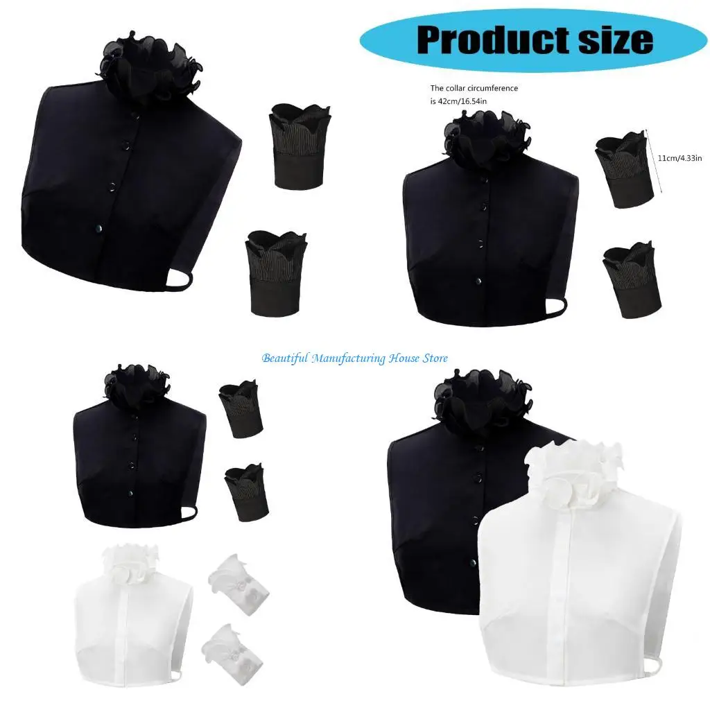 E56A Vintage Ruffle Stand Fake Collar Half Shirt and Cuffs Wristband Set for Women