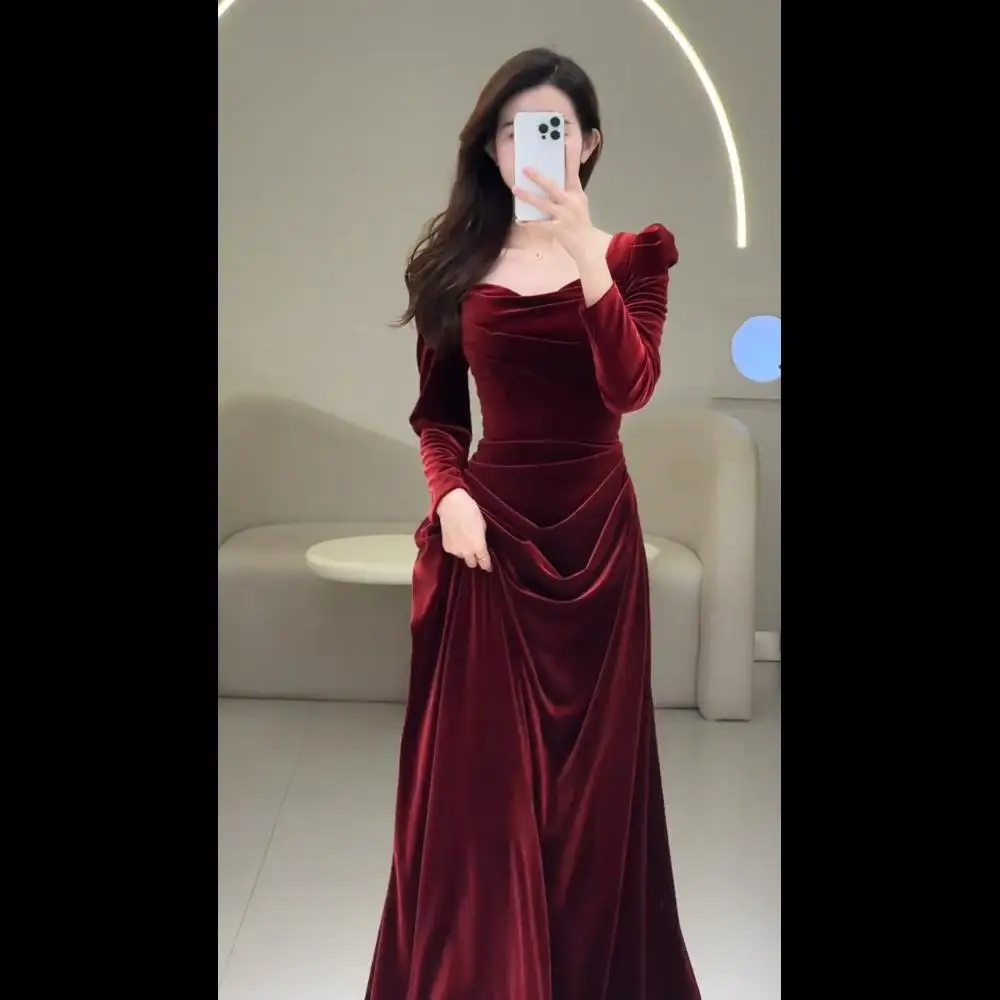 

Red Velvet Mermaid Evening Dress Wedding Toast Hostess Women's 2024 New High-End Autumn Winter Long Sleeve High Waist Gown