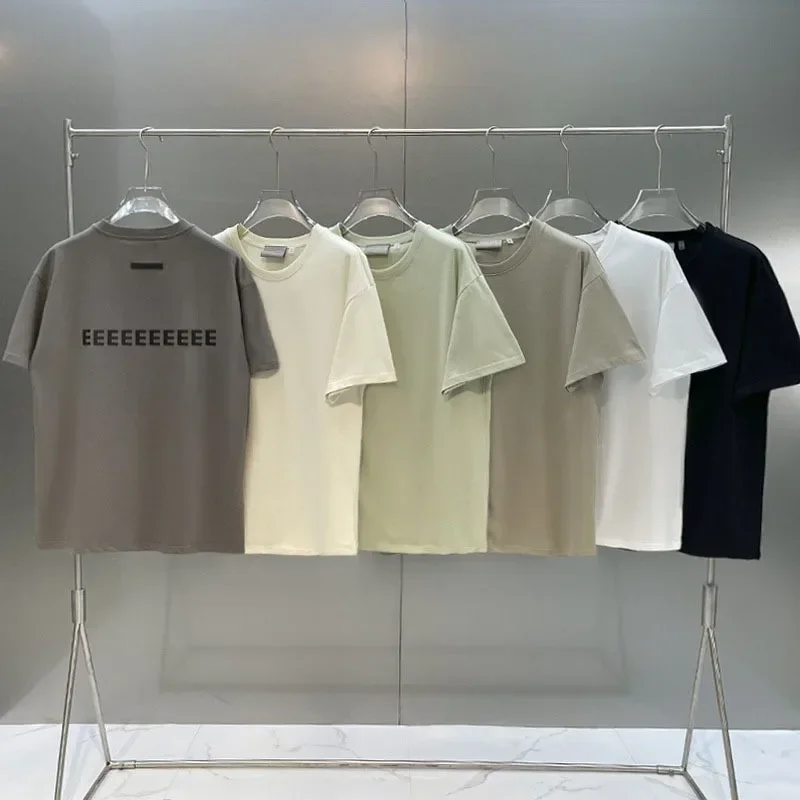 

Classic Double Lined Back Two Rows Silicone Letter Men's Short Sleeve Classic Brand High Street Round Neck T-shirt Pullover Top