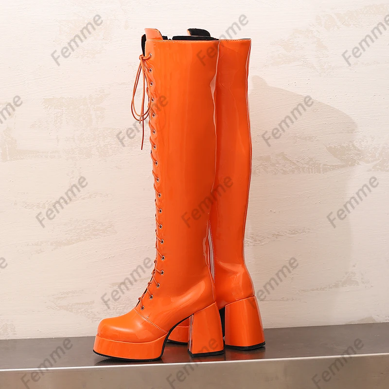 Handmade Orange Patent Leather Platform Boots - Over-the-Knee Lace-Up Chunky Heel Fashion Statement Shoes for Women Size 36-48