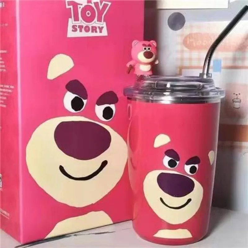 450ml New Disney Lotso Cartoon Stainless Steel Vacuum Cup Cute Water Cup Straw Bottle Office Coffee Cup Birthday Gift For Girls