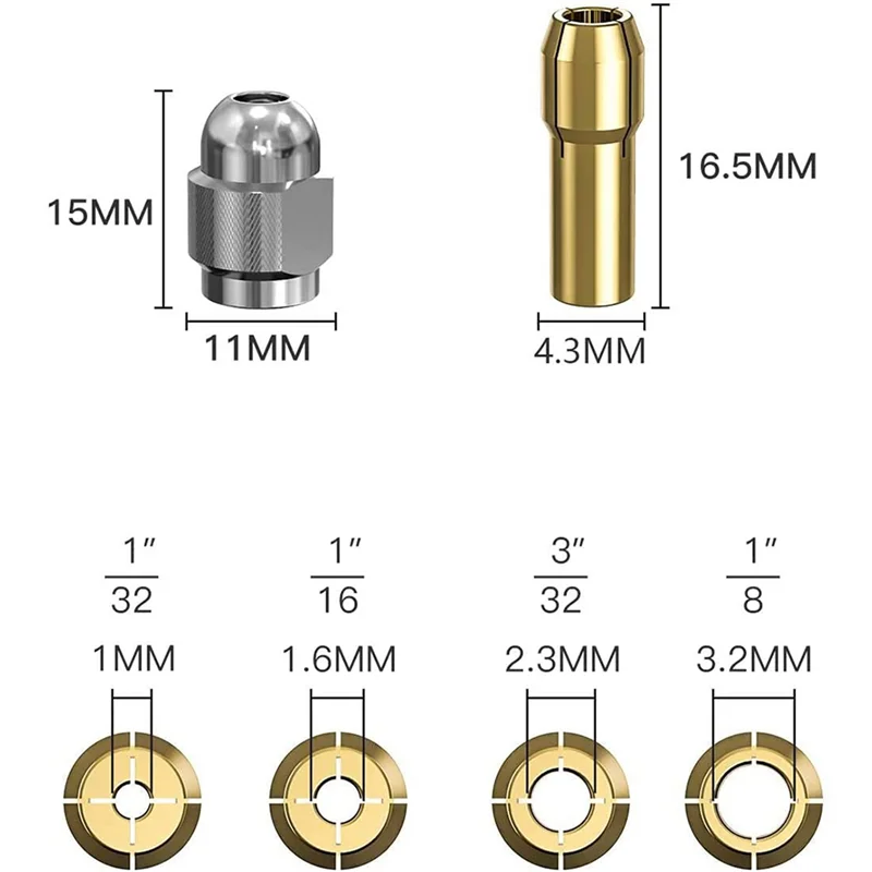 AB47-20Pcs Brass Collet For Dremel, Replacement 4485 Quick Change Rotary Drill Nut Tool Set With Two Metal Change Collet Nut