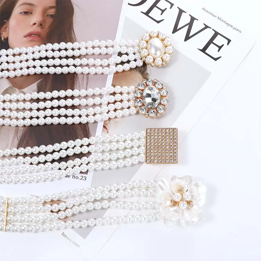 Elegant Adjustable Crystal Elastic For Girls Metal Buckle Dress Decoration Faux Pearl Women Waistband Korean Belt