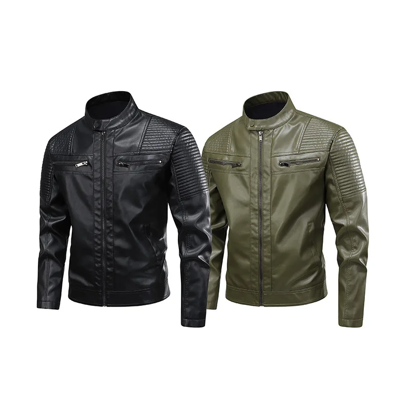 Men's PU Leather Jacket Trendy Autumn Stand-Up Collar Motorcycle Coat Stylish Men's Leather Outerwear