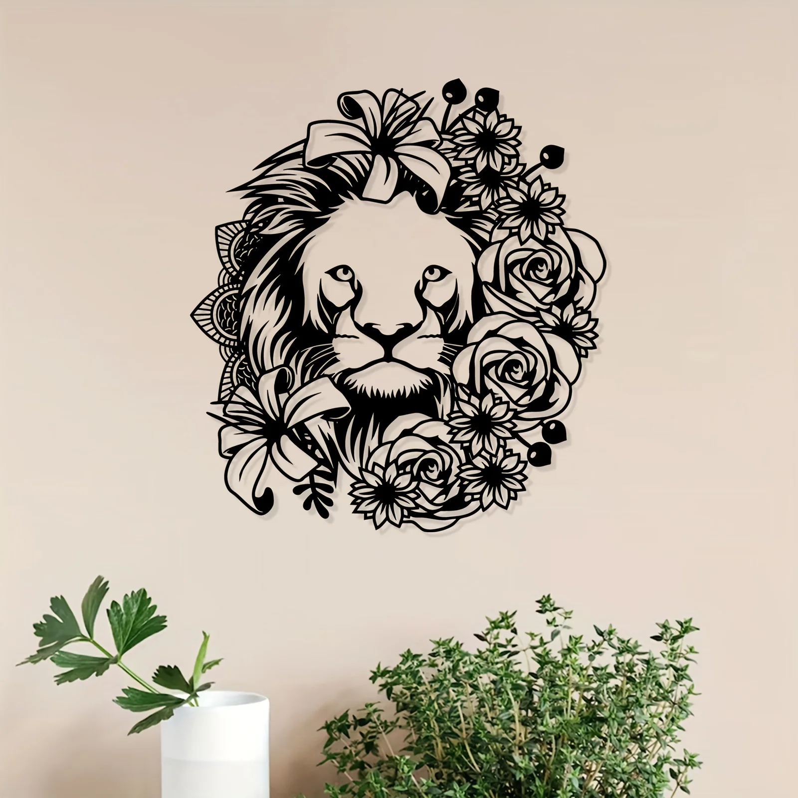 Lion & Rose Metal Wall Art, Noble Lion With Rose Silhouette Mural, Weather‑Resistant Iron Sculpture, Indoor