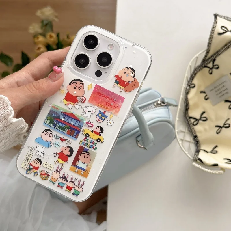 

Japan Korean Cute comic cartoon Crayon Shin-chan Star Bling Glitter Phone Case For iPhone 13 14 15 16 Pro Max Shin-chan Cover﻿