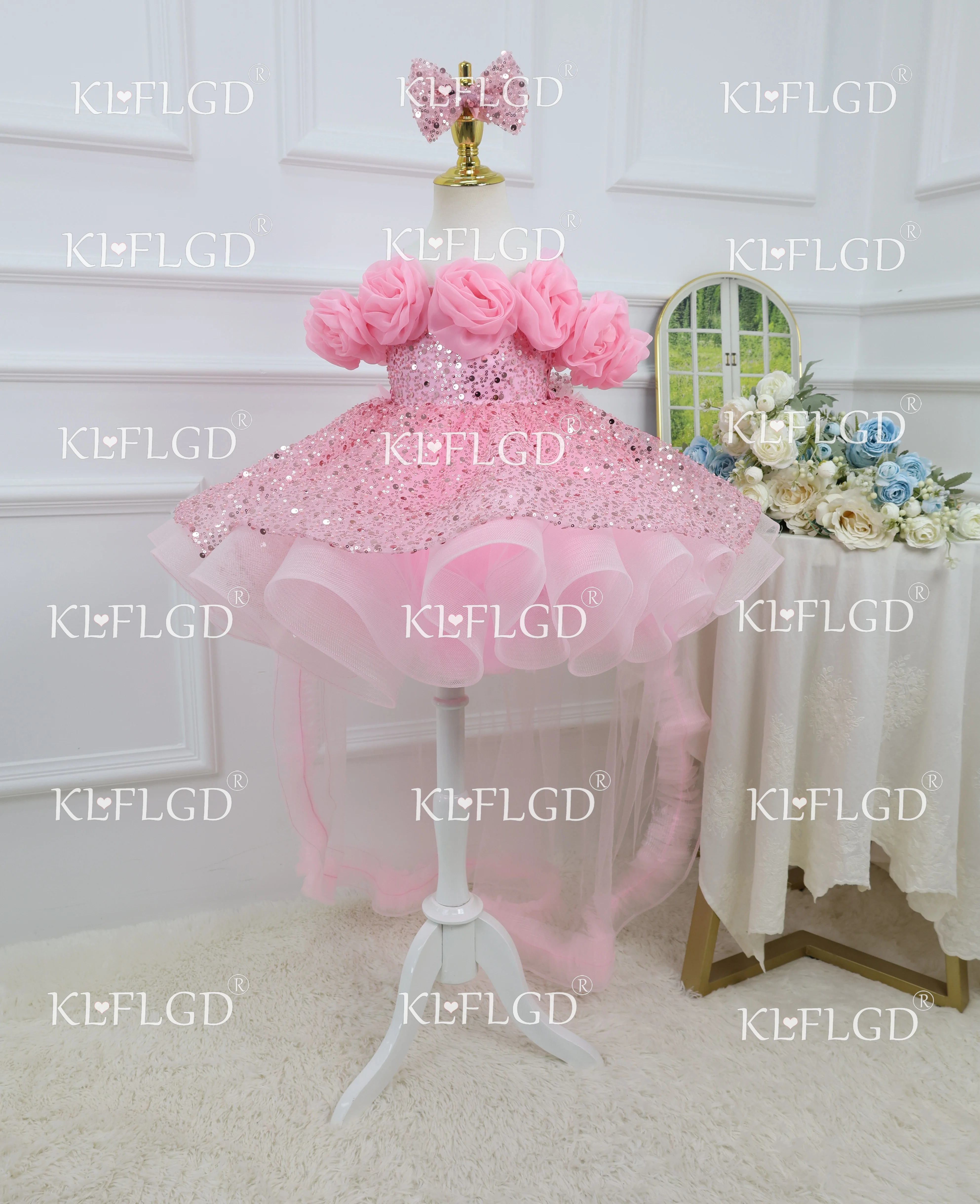 KLFLGD Pink Flower One Shoulder Sequin Dress Girl Luxury Dress Party Gorgeous Elegant Beauty Pageant Tail Evening Dress
