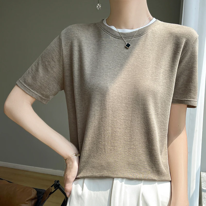 Summer Breathable New Wool Short Sleeved Women's Simple Solid Color Round Neck Fashionable Knitted Sweater Vest Top