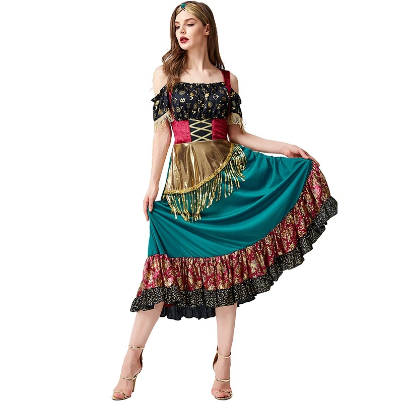 Women Halloween Gypsy Costume Sequin Tassels Dress with Diamond Headband Set for Cosplay Role-Playing Party Outfits