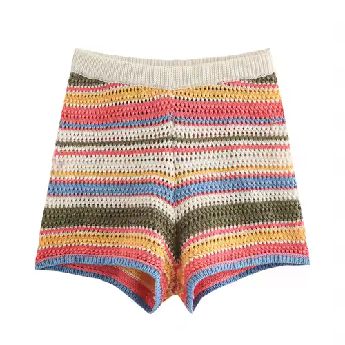 Women Patchwork Striped Hollow Out Crochet Knitted Crop Sweater Shorts Set Short Sleeve Polo Collar Sweater Knit Shorts Suit Y2K - Image 10