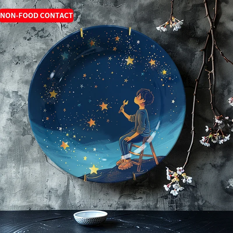 1pc Non-Food Contact Ceramic Wall Art Plate - Starry Night Sky Boy with Stool Design, Blue & Golden Decorative Plaque for Home,
