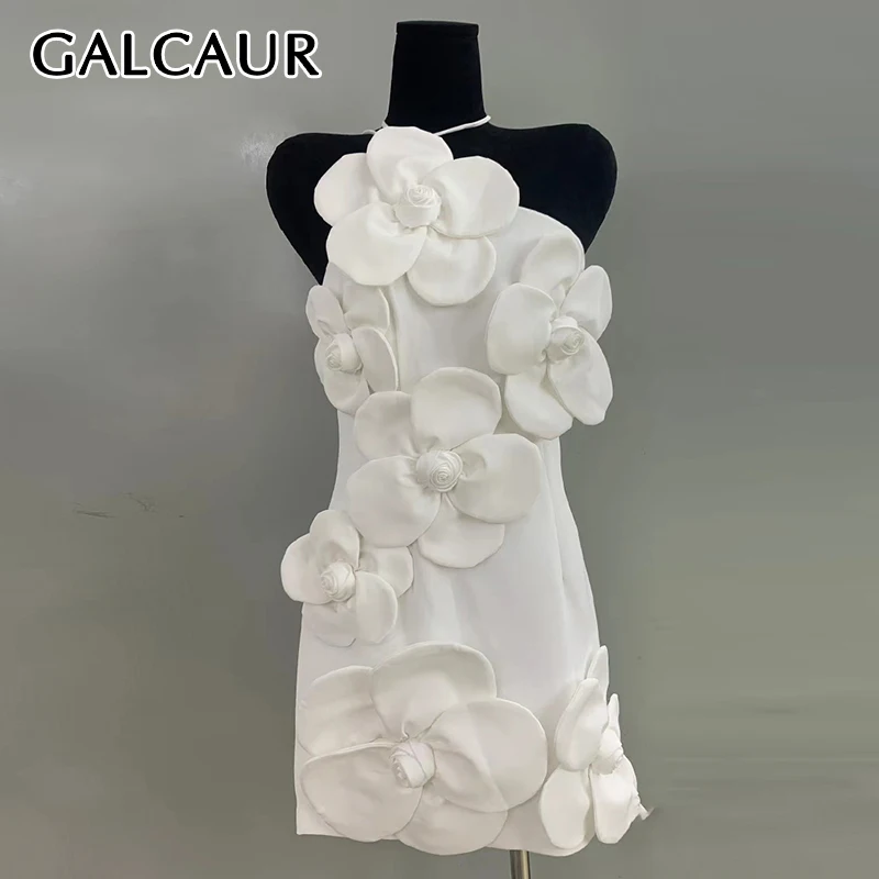 

GALCAUR Chic Spliced Appliques Dresses For Women Halter Solid Sleeveles Backless High Waist Slimming Strapless Dress Female 2024