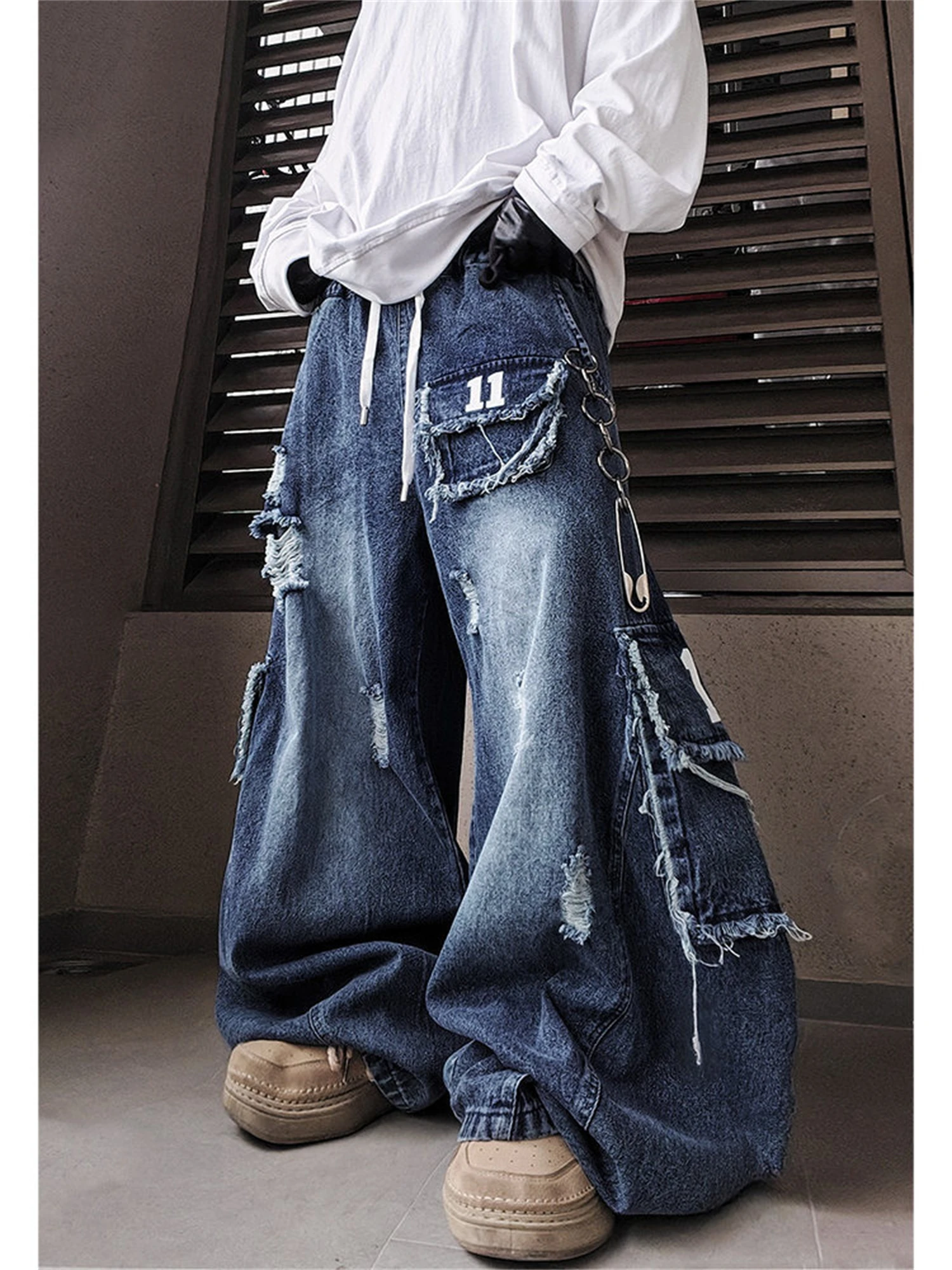 

Women's Dark Blue Gradient Wash Oversized Wide Leg Denim Jeans Distressed Ripped Drawstring Waist Y2K Streetwear Ladies Pants