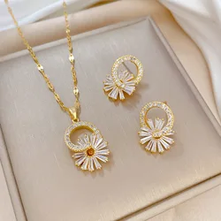Stainless Steel Rhinestone Round Circle Flower Necklace Earrings Jewelry Set for Women Party Accessories Valentine's Day Gift