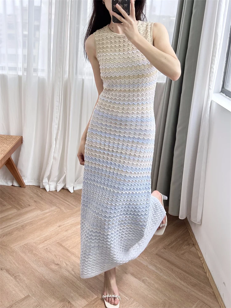 

Summer New Fashion Gradient Striped Knitted Dress Women French Elegant Hollow Sleeveless Vest Dress Casual Vacation Long Dress