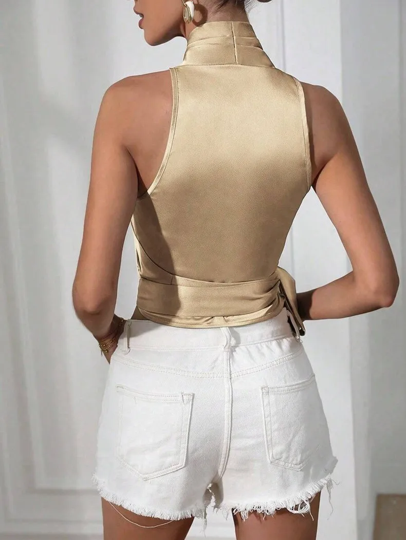 Women's Satin Sleeveless Halter Neck Tie Front Wrap Side Solid Color Slim Fit Blouse Tank Top for Women Clothing Female Fashion