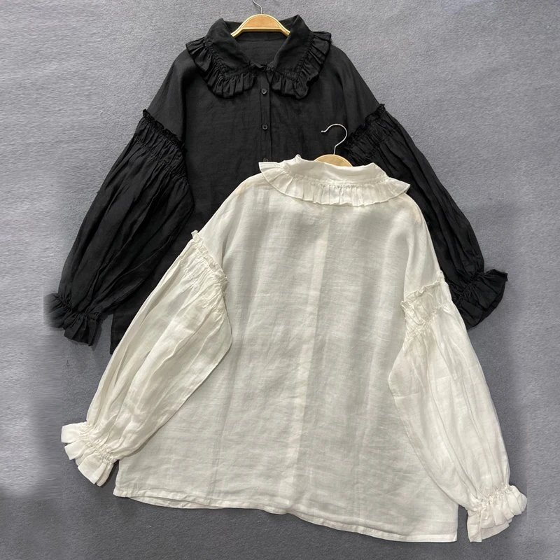 Johnature Linen Women Shirts 2024 Spring Autumn New Thin Vintage Turn-down Collar Ruffles Loose Female Female Blouses