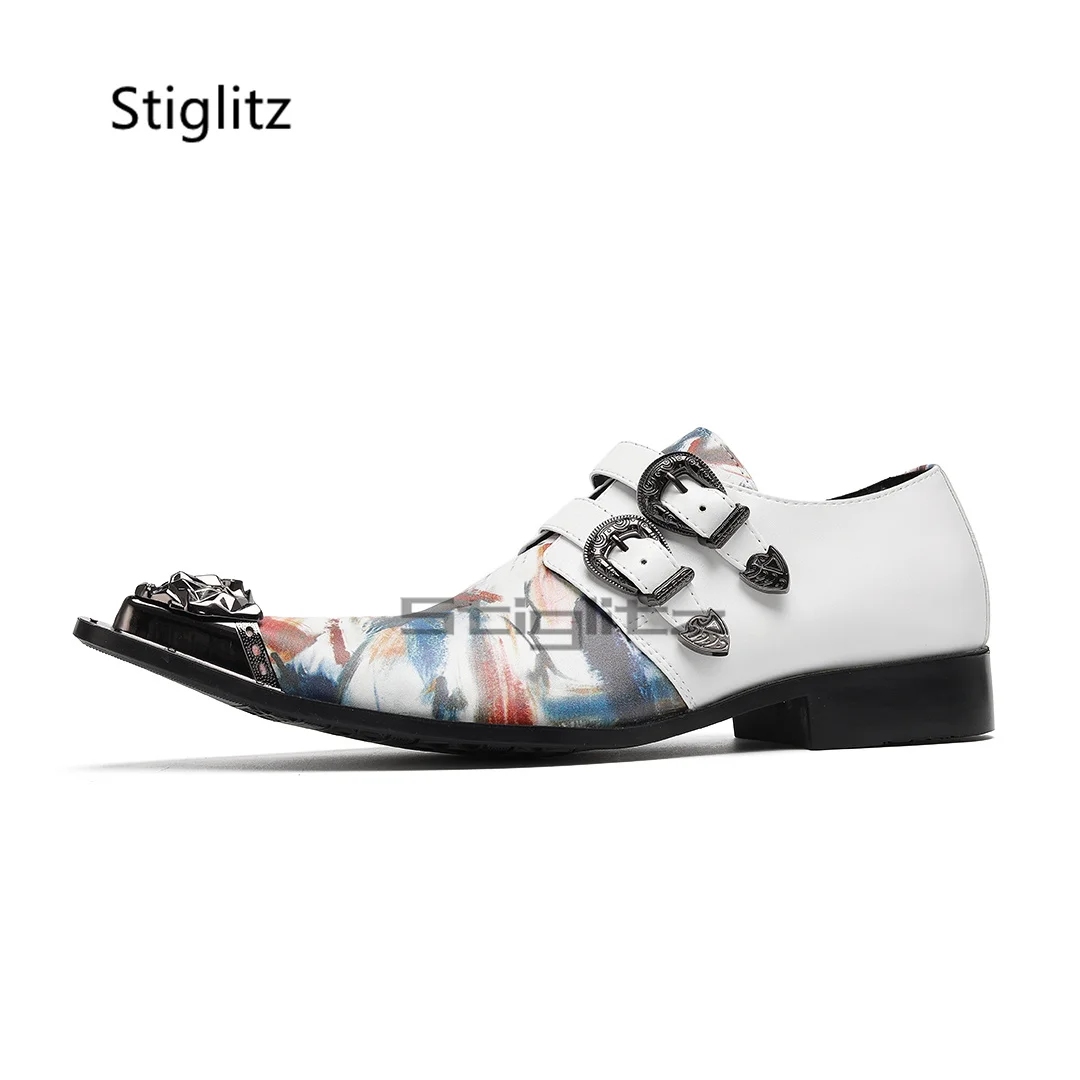 Graffiti Belt Buckle Men's Dress Shoes Trend British Style Patchwork Cow Leather Shoes Metal Pointed Toe Casual Business Shoes