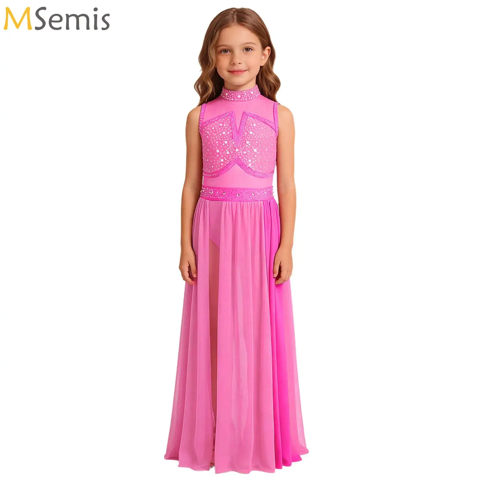 

Kid Girls Ballet Jersey Lyrical Dance Maxi Dress Color Block Gymnastics Leotard Performance Costume Praise Dress Ballerina Dress