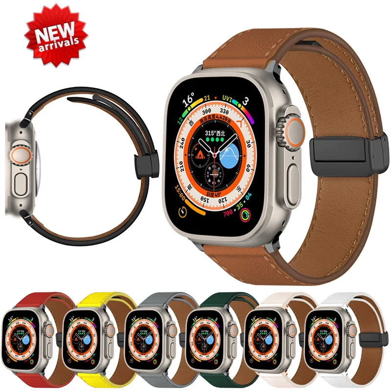 

Leather Magnetic Buckle Strap for Apple Watch 8 7 45mm 41mm Ultra 49mm Geniune Leather Band for iWatch Series 6 5 4 3 44mm 40mm