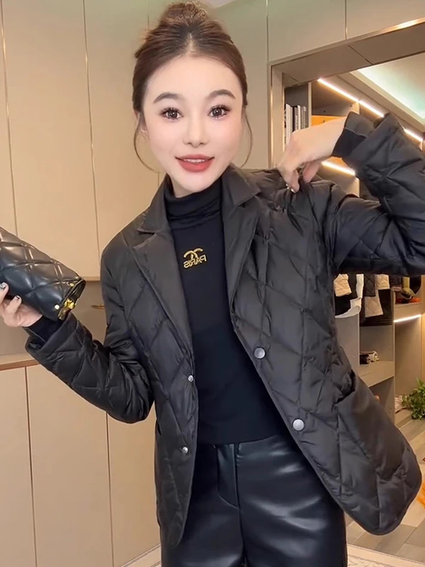 

Faionable Diamond Patterned Suit Collar Cotton Jaet Women's Slim Fit Winter New Sle Personali Korean Version Long Sve