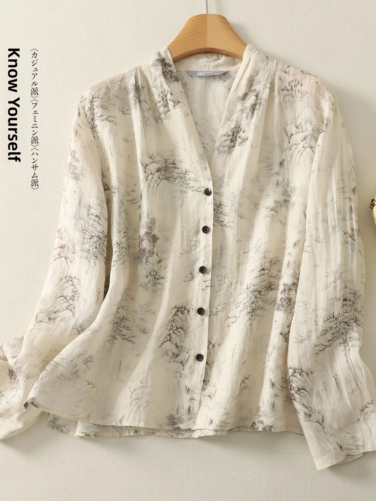 

Длинная льняная блузка с китайским цветочным принтом све irt, женская весенне-осенняя свободная хлопково-льняная блузка с v-образным вырезом и застежкой на пуговицы