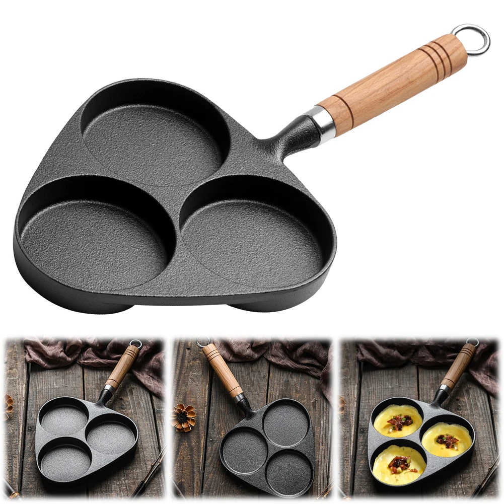 

Cast Iron Omelet Pan with Wooden Handle 3 Holes Breakfast Pancake Pan Non-Stick Cooking Egg Ham Pan Breakfast Grill Cooking Pot