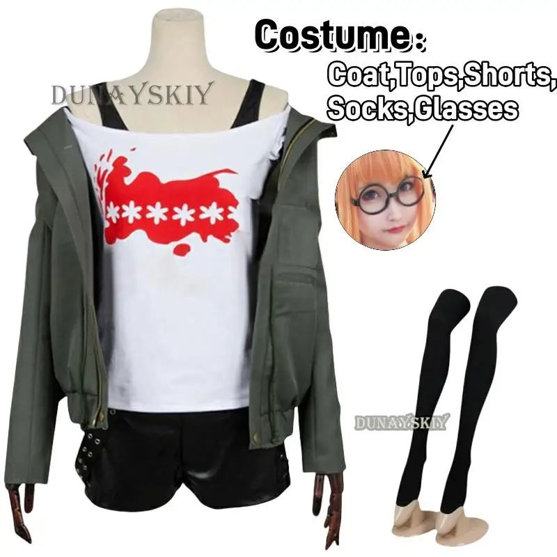 NAVI Futaba Sakura Cosplay Persona 5 Cosplay Costume Uniforms Outfit Wig Jacket T-shirt Shorts Glasses Earphones Women Halloween