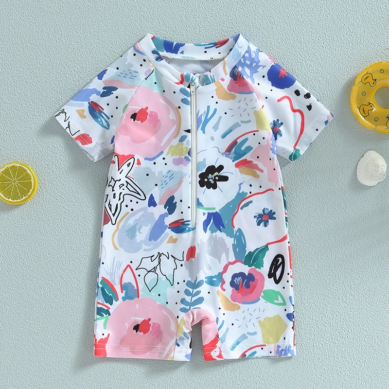 Baby Girls Boys Rash Guard Swimsuit Playsuits Rompers Watercolour Print Zipper Short Sleeve Sun Protection Bathing Suit