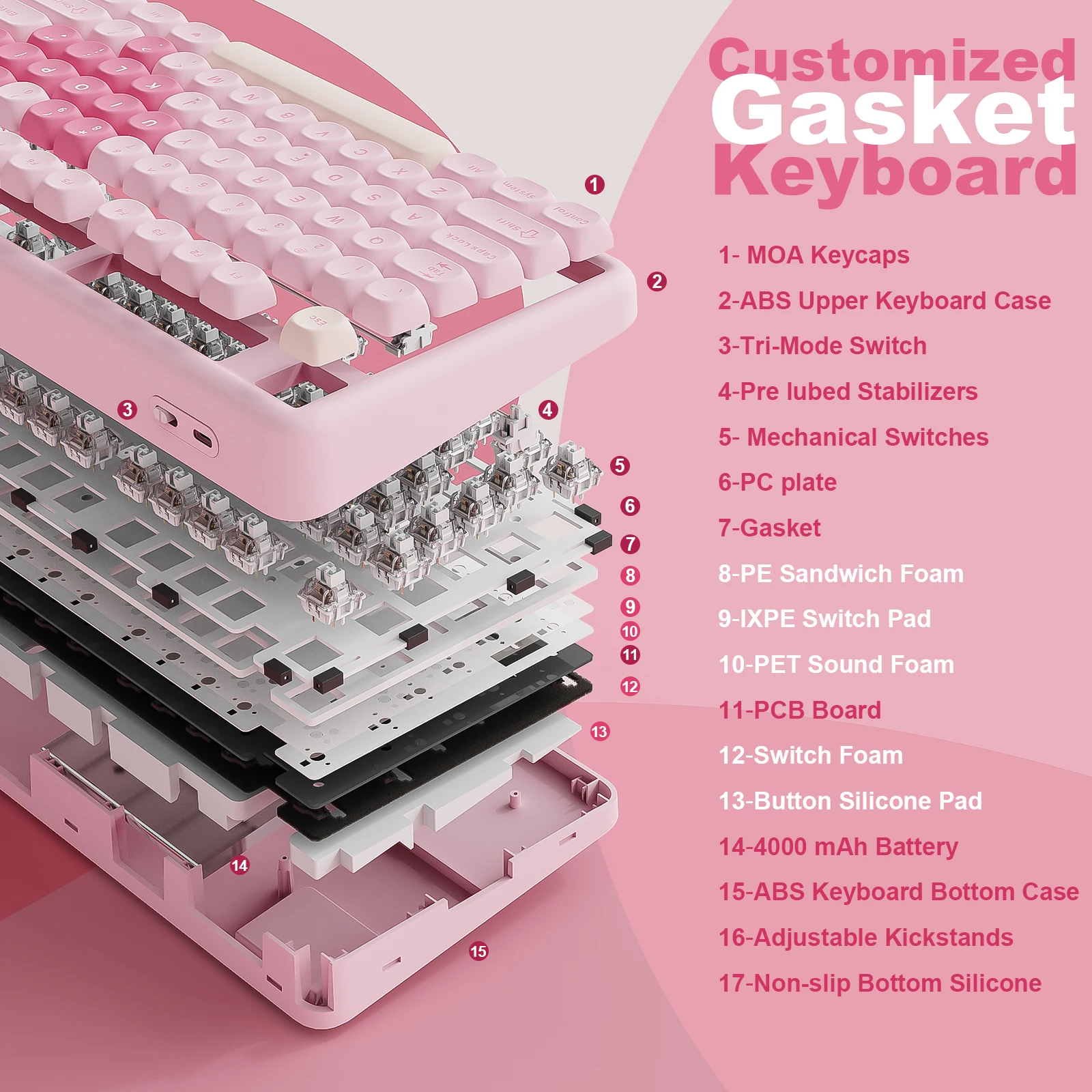 YUNZII B87 Keyboard Gaming Mekanis Merah Muda, Keyboard RGB Gasket Kustom QMK/VIA, Keeb Estetika Nirkabel, Sandaran Tangan untuk Win/Mac