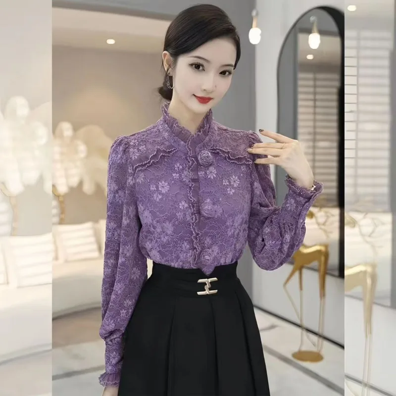 

Spring and Autumn High-end Long Sleeve Shirt for Women's New Style Unique and Beautiful Slim Purple Lace Underwear Top
