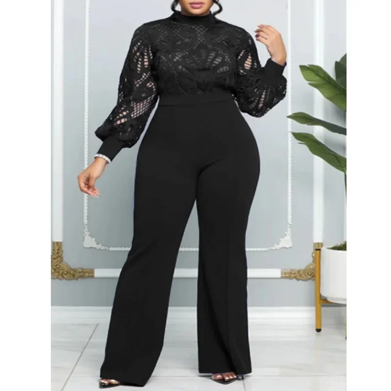 Elegant Women Jumpsuits Classy Hollow Out Lace Panel Long Sleeve Stretch One Piece Wide Leg Jumpsuits Oufits