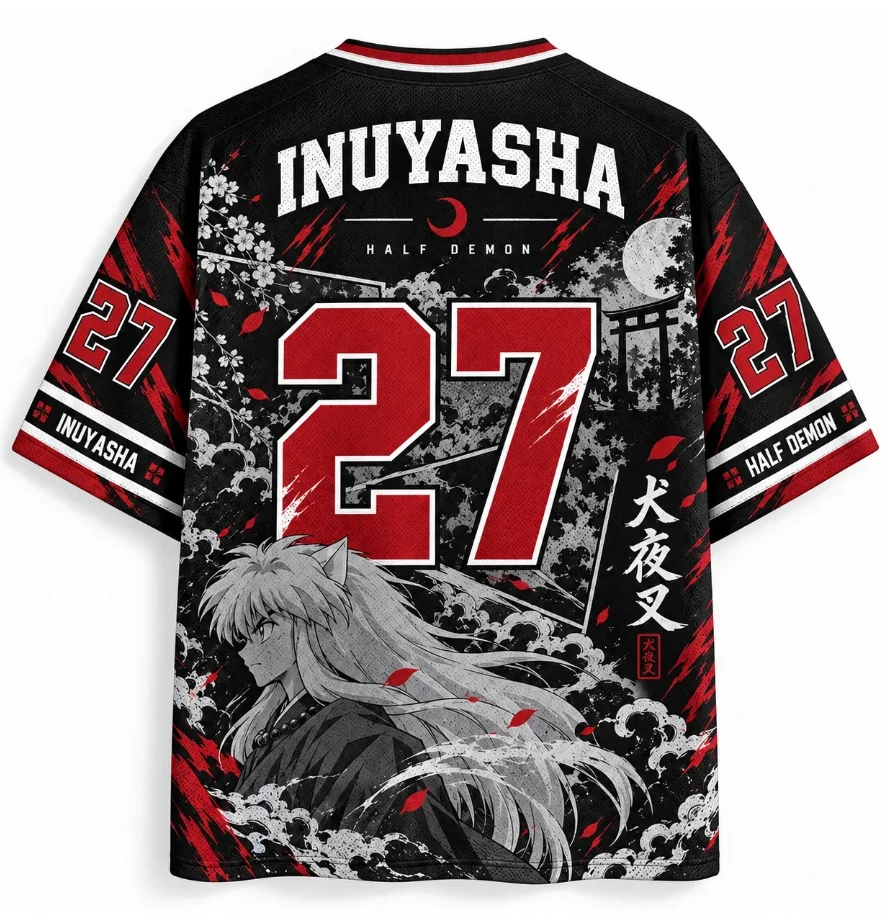 Red Eyed Demonized Inuyasha Print Black and White Manga Storybook Torii with Red Ink Splash Effect Breathable Mesh T-shirt